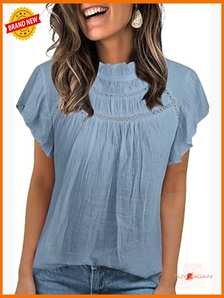 Loose Fit Blouse With Ruffle Sleeves And Mock Neck For Work And Casual Wear